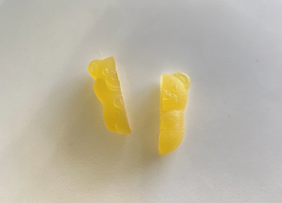 高濃度のCBDグミをカットして摂取量を調整している実食の様子